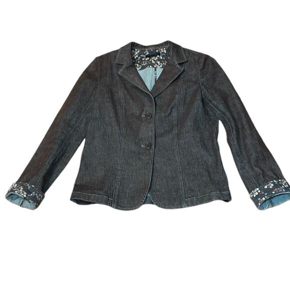 2010s Kenneth Cole Brown Denim Jacket, blazer, floral accent, s/m - Picture 1 of 8